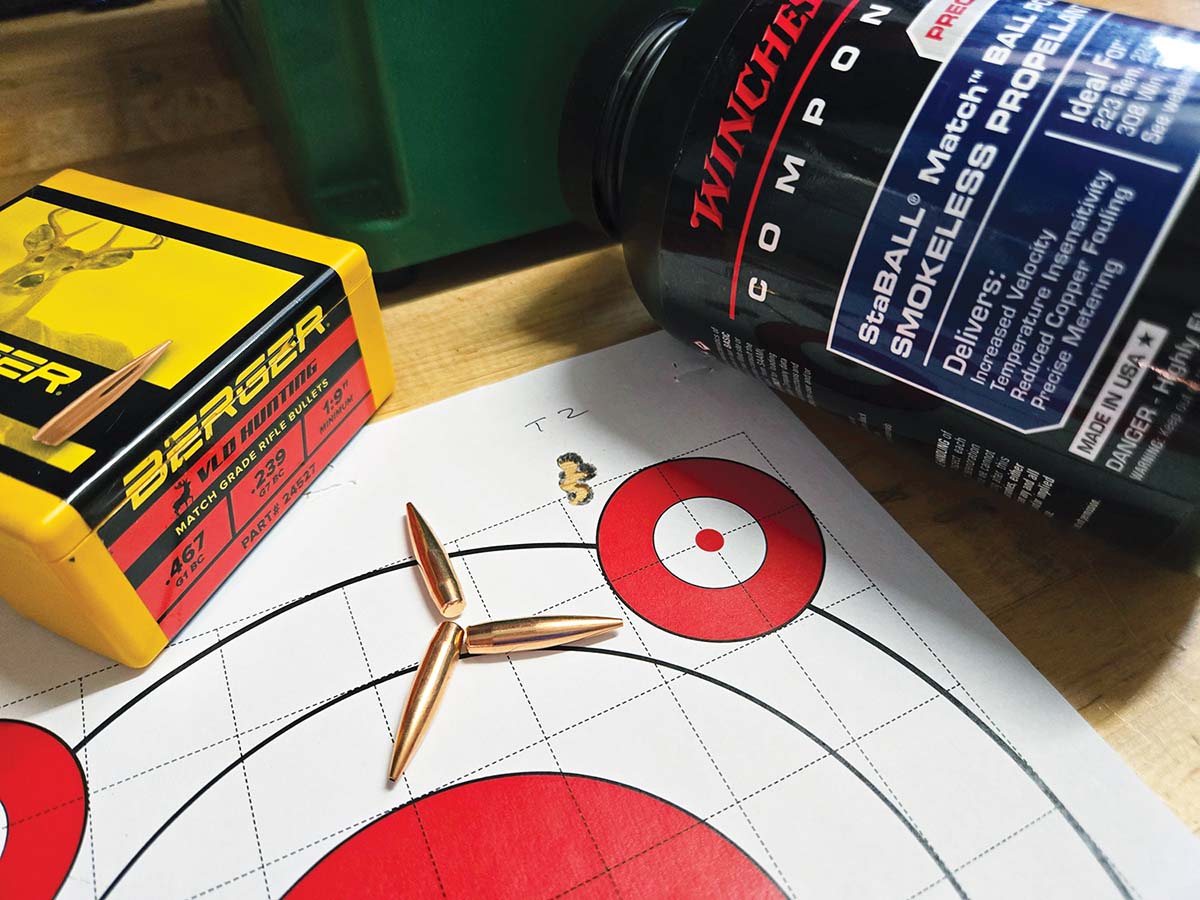 Using Winchester StaBALL Match powder and a 95-grain Berger VLD Hunting bullet this was the smallest group recorded, measuring a mere .34 inch.